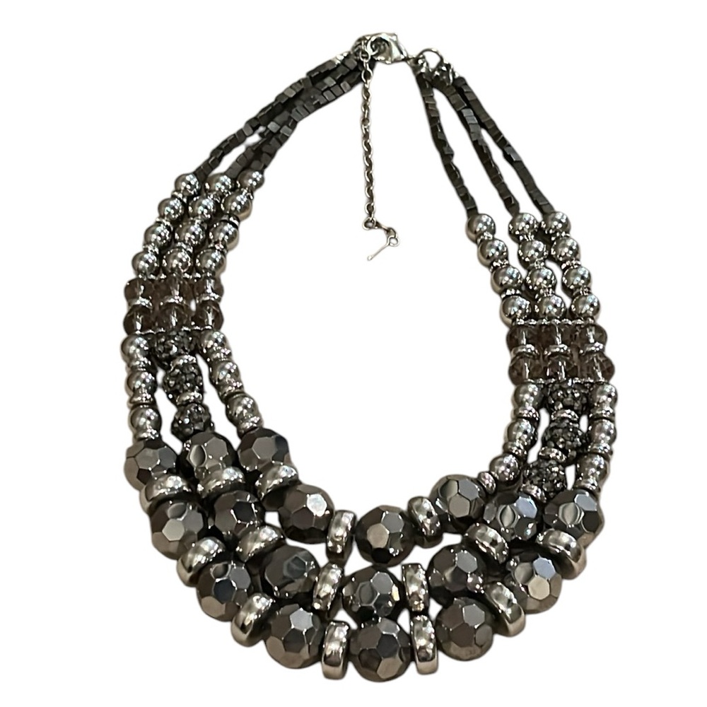 Chico’s Silver-tone Triple Strand Beaded Necklace 18”-23” Statement Boho